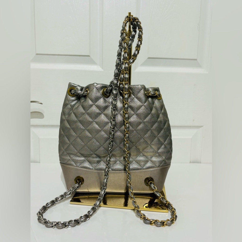 Quilted Metallic Silver Drawstring Backpack - Picture 6 of 10